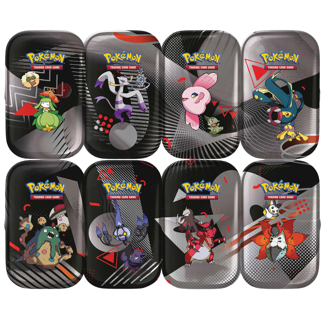 Set of eight Pokémon trading card game tins with various characters on a transparent background